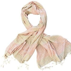 Prana Oversized Pink Tan & Cream Cotton Striped Scarf with Fringe